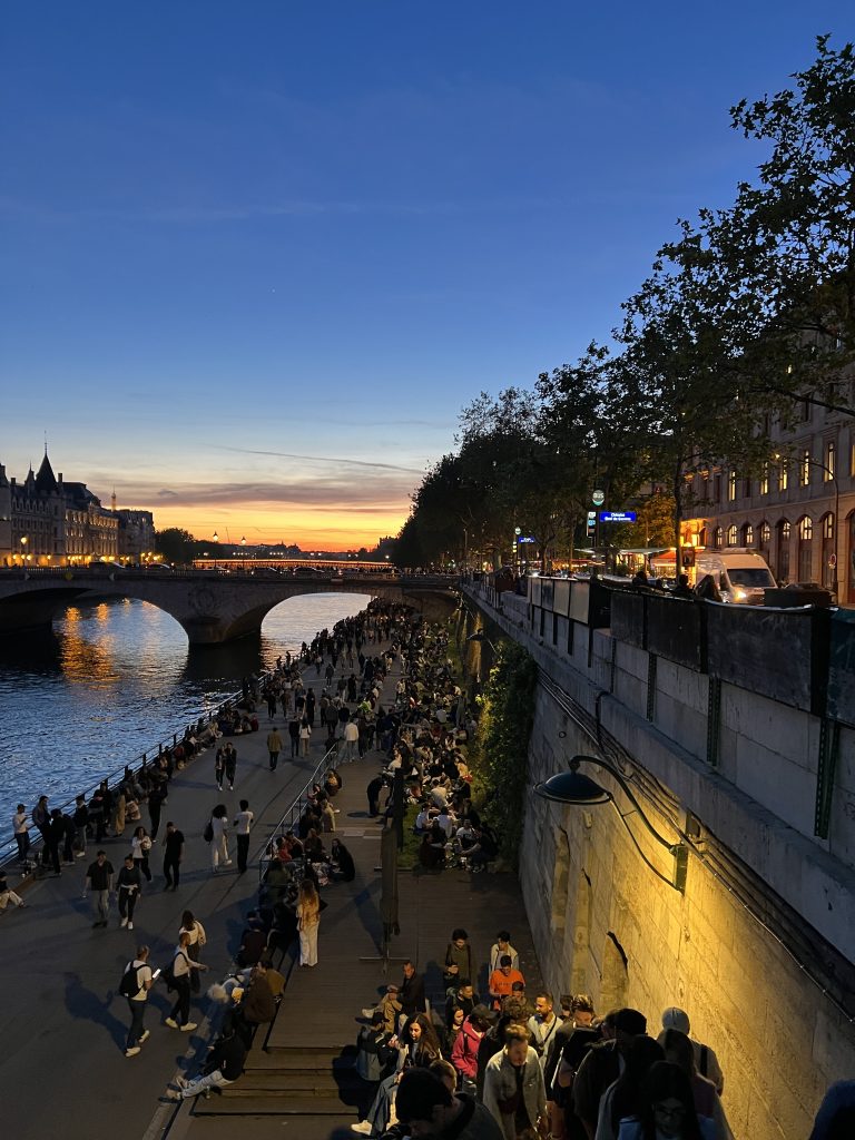 The Seine River at night in Paris France